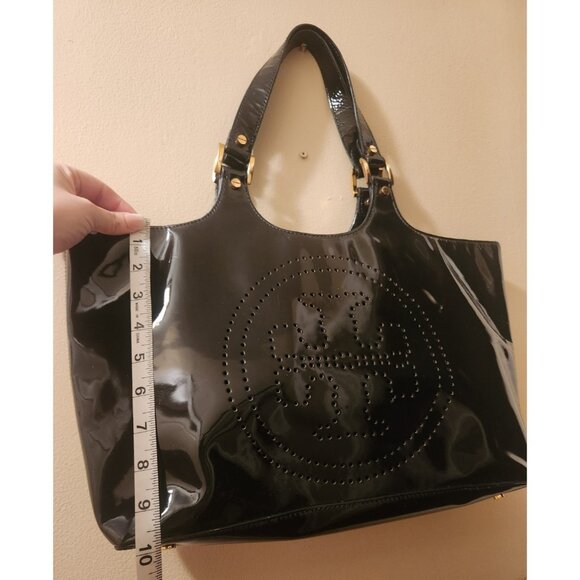 Tory Burch Bombe Tote Black Patent Leather Perforated Logo Shoulder Bag - Picture 7 of 10